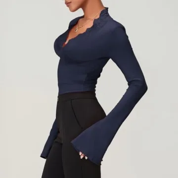 Stylish Women's Long Bell Sleeve Crop Top | Lace Trim V Neck