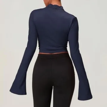 Stylish Women's Long Bell Sleeve Crop Top | Lace Trim V Neck