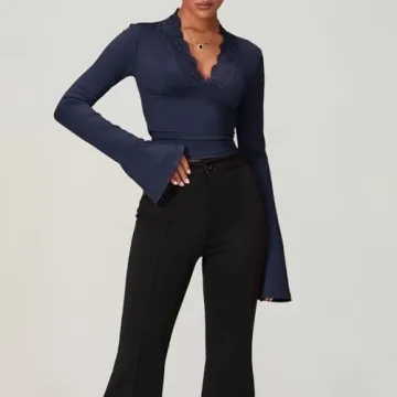 Stylish Women's Long Bell Sleeve Crop Top | Lace Trim V Neck