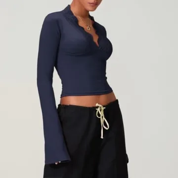 Stylish Women's Long Bell Sleeve Crop Top | Lace Trim V Neck