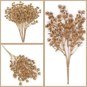 MASUMARK SM Artificial Flowers Golden Baby Breath Gypsophila, Fake Plant Bush Grass Decoration Fern Bushes Faux Shrubs Greenery Indoor Outside Planter Filler Festival Home Garden Decor Gold 4 Pack