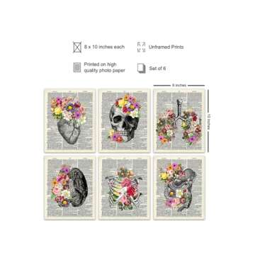 Medical Dictionary Art Set - 8x10 Vintage Anatomical Posters - Floral Wall Decor for Doctors Office,...