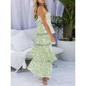 Wenrine Womens Summer Floral Maxi Dresses Sleeveless Spaghetti Strap Tie Back Ruffle Tiered Flowy Dresses