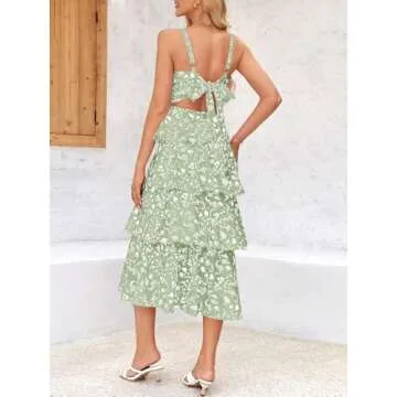 Wenrine Womens Summer Floral Maxi Dresses Sleeveless Spaghetti Strap Tie Back Ruffle Tiered Flowy Dresses