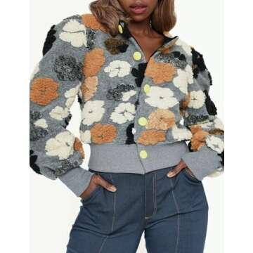 BQDCQB Womens Cropped Floral Print Jacket Warm Fleece Bomber Jacket Casual Button Down Coats Fall Pu...