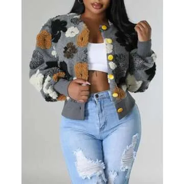 BQDCQB Womens Cropped Floral Print Jacket Warm Fleece Bomber Jacket Casual Button Down Coats Fall Puff Outerwears Grey M