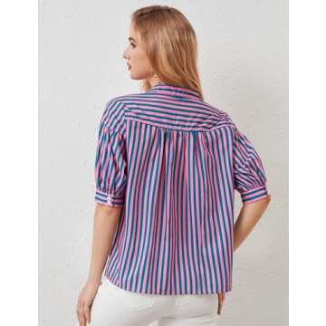 Ymejia Women's Short Puff Sleeve Striped Blouses Top V Neck Loose Fit Casual Summer Work Blouses Str...