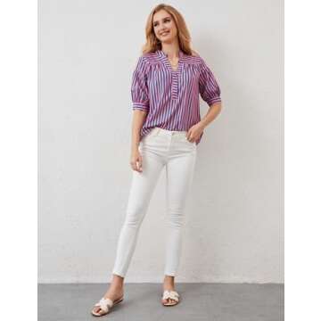 Ymejia Women's Puff Sleeve Striped Blouse for Summer