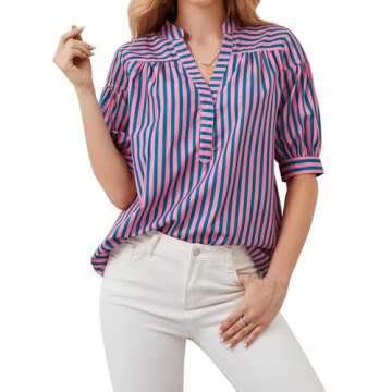 Ymejia Women's Puff Sleeve Striped Blouse for Summer