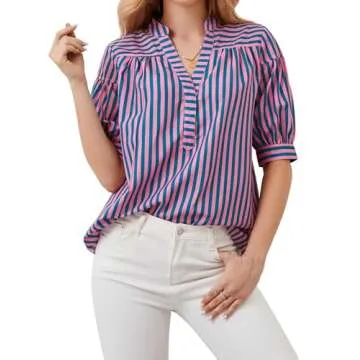 Ymejia Women's Puff Sleeve Striped Blouse for Summer