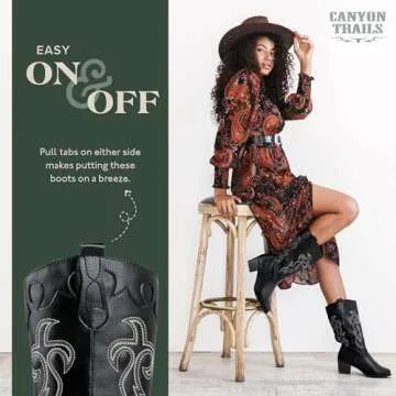 Canyon Trails Women's Rodeo Boots - Classic Western Booties for Women & Teen Girls, Black, Mid-Calf, Faux Leather, Memory Foam Insole, Cowboy Boots