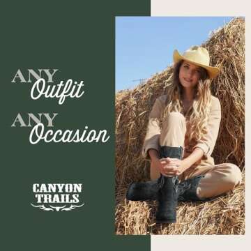 Canyon Trails Women's Rodeo Boots - Classic Western Booties for Women & Teen Girls, Black, Mid-Calf, Faux Leather, Memory Foam Insole, Cowboy Boots