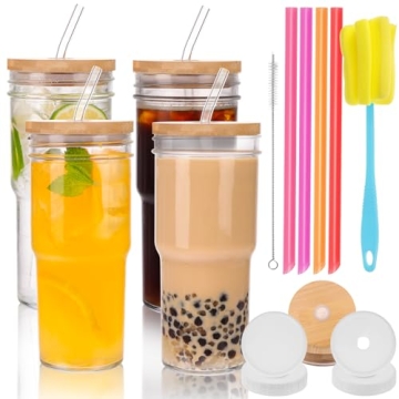 Moretoes 4pcs 24oz Glass Cups with Bamboo Lids and Straws: Eco-Friendly Drinking Set