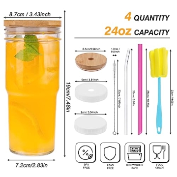 Moretoes 4pcs Glass Cups with Bamboo Lids & Straws