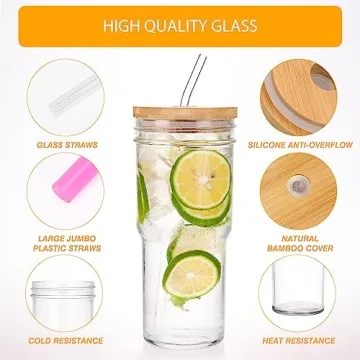 Moretoes 4pcs Glass Cups with Bamboo Lids & Straws