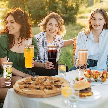 Moretoes 4pcs Glass Cups with Bamboo Lids & Straws