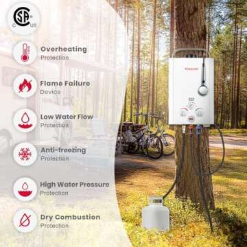Tankless Water Heater, GASLAND BE158 1.58GPM 6L Outdoor Portable Gas Water Heater, Propane Water Heater, Overheating Protection, Easy to Install, Use for RV Cabin Barn Camping Boat, White