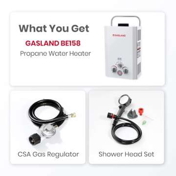 Tankless Water Heater, GASLAND BE158 1.58GPM 6L Outdoor Portable Gas Water Heater, Propane Water Heater, Overheating Protection, Easy to Install, Use for RV Cabin Barn Camping Boat, White