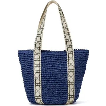 Large Beach Straw Bags For Women: Blue Tote Handbags Shoulder Purse With ColorBlock Design For Summe...
