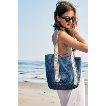Large Beach Straw Bags For Women: Blue Tote Handbags Shoulder Purse With ColorBlock Design For Summer Vacation