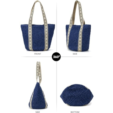 Large Beach Straw Bags For Women: Blue Tote Handbags Shoulder Purse With ColorBlock Design For Summer Vacation