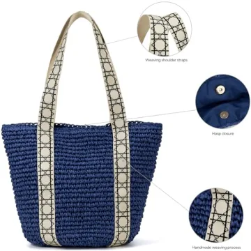 Large Beach Straw Bags For Women: Blue Tote Handbags Shoulder Purse With ColorBlock Design For Summer Vacation