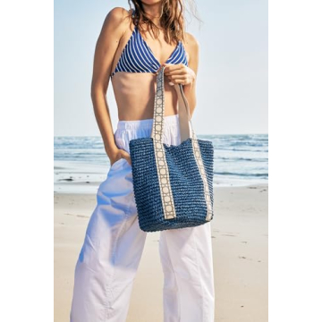 Large Beach Straw Bags For Women: Blue Tote Handbags Shoulder Purse With ColorBlock Design For Summer Vacation