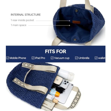 Large Beach Straw Bags For Women: Blue Tote Handbags Shoulder Purse With ColorBlock Design For Summer Vacation