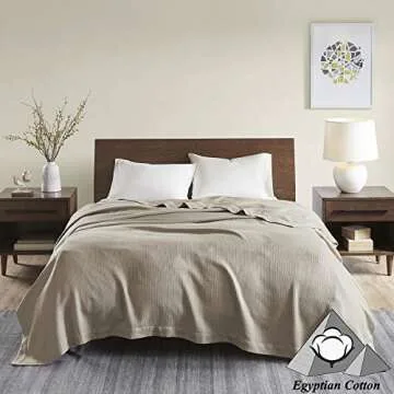 Madison Park Soft Certified 100% Egyptian Cotton Breathable Cozy Blanket, Premium Waffle Knit Classi...