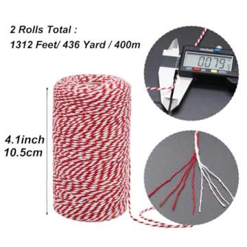 HRX Package Red and White Cotton Twine 656 Feet x 2 Roll, Durable Bakers Twine, Gift Wrapping String...