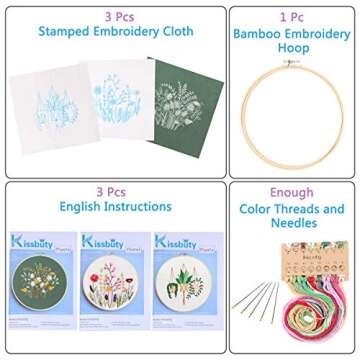 Kissbuty Embroidery Starter Kit with 3 Pcs Fabric & Patterns, Bamboo Hoop, Color Threads Tools (Plan...