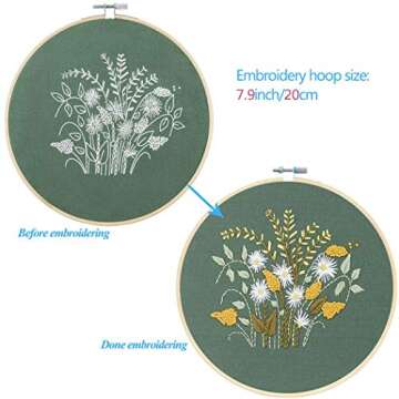 Kissbuty Embroidery Starter Kit with 3 Pcs Fabric & Patterns, Bamboo Hoop, Color Threads Tools (Plants Flowers)