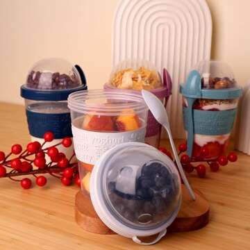 Salda 4 Pack 20 oz Breakfast On the Go Cups, Take and Go Yogurt Cup with Topping Cereal Cup with spoon, Overnight Oats or Oatmeal Container Jar, Colorful Set of 4
