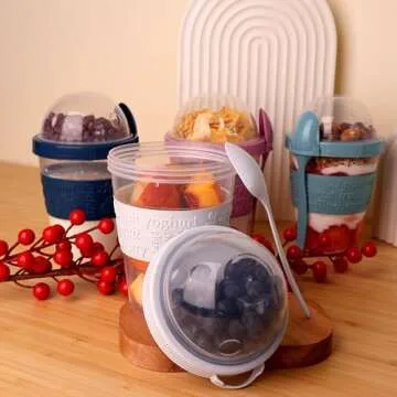 Salda 4 Pack 20 oz Breakfast On the Go Cups, Take and Go Yogurt Cup with Topping Cereal Cup with spoon, Overnight Oats or Oatmeal Container Jar, Colorful Set of 4