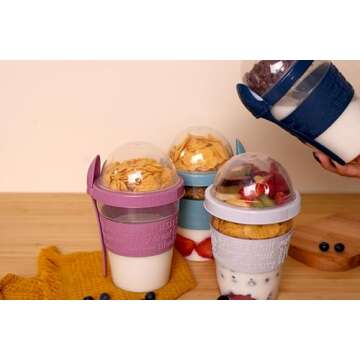 Salda 4 Pack 20 oz Breakfast On the Go Cups, Take and Go Yogurt Cup with Topping Cereal Cup with spoon, Overnight Oats or Oatmeal Container Jar, Colorful Set of 4