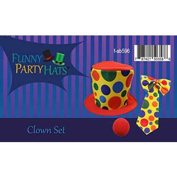 Funny Clown Costume Set - Hat, Jumbo Tie & Nose