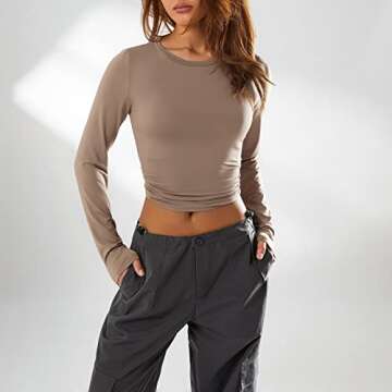 Y2K Long Sleeve Top for Women Fairy Grunge Tee Shirt Fashion Solid Slim Fit Blouse Tops(F-Brown,S)