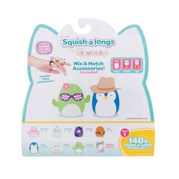 Squish-a-longs 8 Pack - Series 1, Style 1 - (8) 1” Mini-Squish with 2 Accessories, Ring, and Collector’s Guide - Collect, Trade, & Play