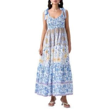 Women Summer Boho Dress Flowy Sundress Floral Printing Sleeveless Tie Shoulder Maxi Dress Y2k Beachw...