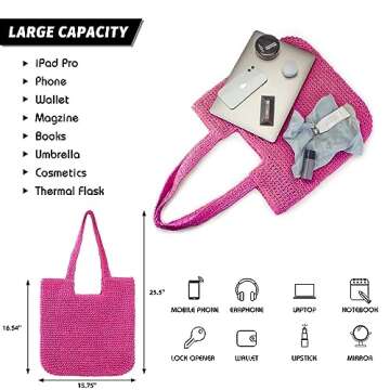 Vipost Straw Beach Tote Bag for Women Large Rose Summer Woven Straw Bag Lightweight Sturdy Shoulder Handbags for Travel,Vacation