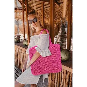 Vipost Straw Beach Tote Bag for Women Large Rose Summer Woven Straw Bag Lightweight Sturdy Shoulder Handbags for Travel,Vacation