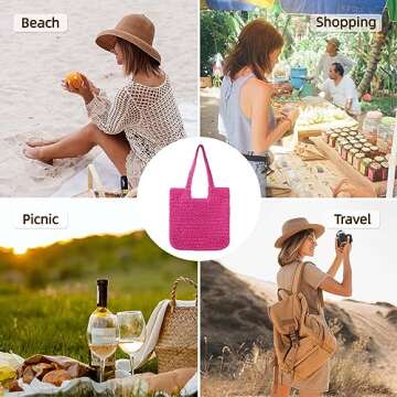 Vipost Straw Beach Tote Bag for Women Large Rose Summer Woven Straw Bag Lightweight Sturdy Shoulder Handbags for Travel,Vacation