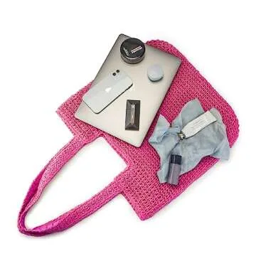 Vipost Straw Beach Tote Bag for Women Large Rose Summer Woven Straw Bag Lightweight Sturdy Shoulder Handbags for Travel,Vacation