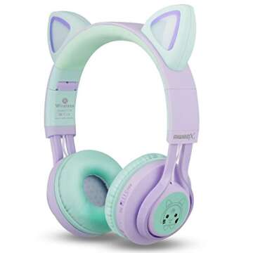 Riwbox Kids Wireless Headphones, CT-7S Cat Ear Bluetooth, 85dB Volume Limiting, LED Light Up Over Ear with Microphone for Laptop/PC/TV (Purple&Green)