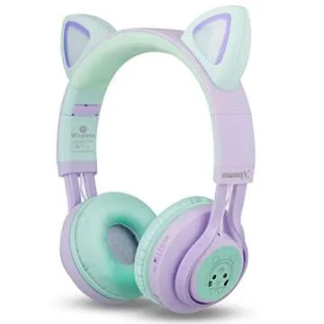 Riwbox Kids Wireless Headphones, CT-7S Cat Ear Bluetooth, 85dB Volume Limiting, LED Light Up Over Ear with Microphone for Laptop/PC/TV (Purple&Green)