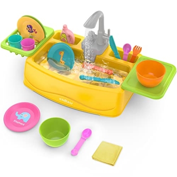 KINDIARY Play Kitchen Sink Toy with Running Water for Kids Toddler, Learning Dishwasher Set with Aut...