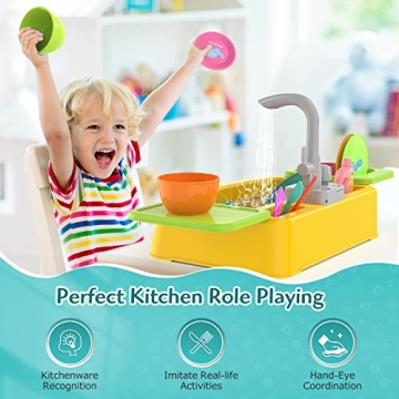 KINDIARY Play Kitchen Sink Toy with Running Water for Kids