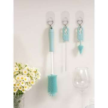 3 in 1 Baby Bottle Brush Cleaning Set, 13.4" Long Handle Bottle Brush Cleaner, Including Silicone Bottle Brush, Nipple Brush, Straw Brush, BPA-Free, Newborn Baby Essentials Must-Haves (Blue)