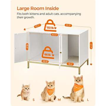 Feandrea Litter Box Enclosure, Modern Cat Litter Box Furniture Hidden, with Scratching Mat, Tall Legs, Cat House, Side End Table, 31.5 x 19.7 x 21.7 Inches, White and Gold UPCL007W01