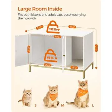 Feandrea Litter Box Enclosure, Modern Cat Litter Box Furniture Hidden, with Scratching Mat, Tall Legs, Cat House, Side End Table, 31.5 x 19.7 x 21.7 Inches, White and Gold UPCL007W01